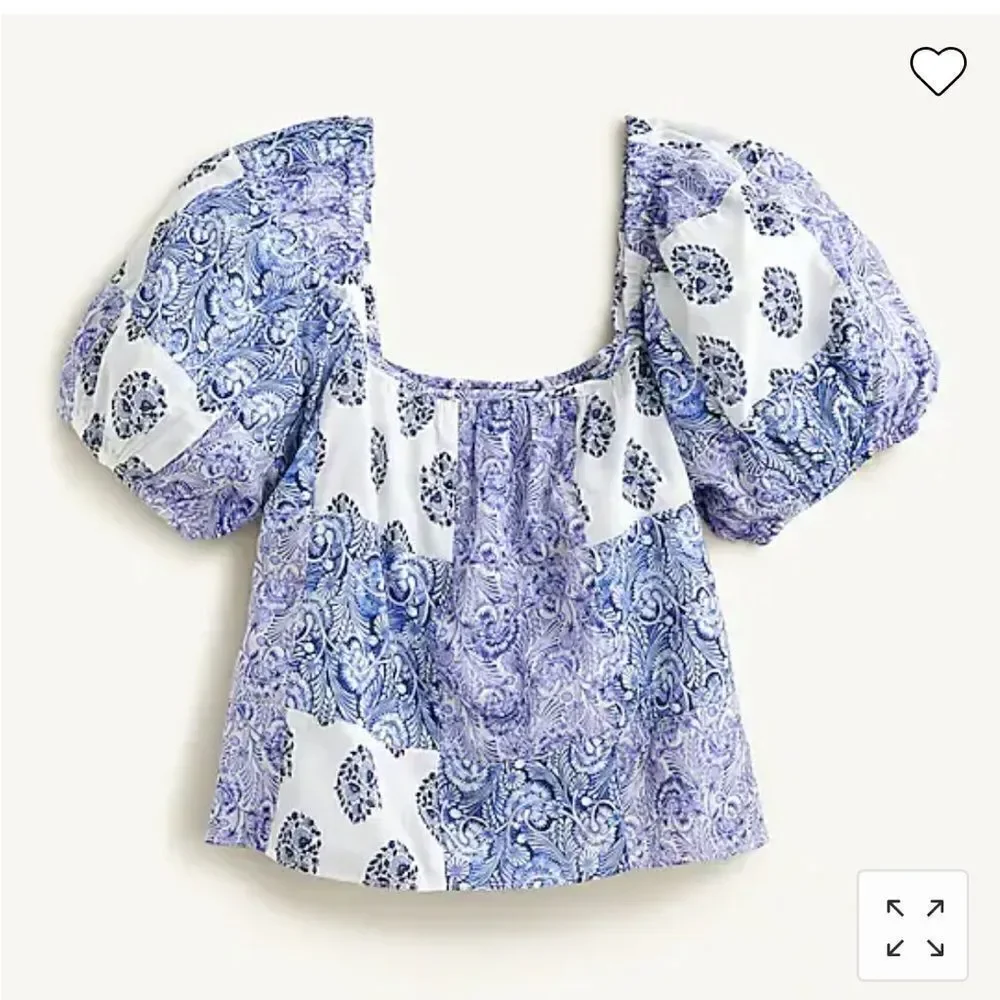 J Crew Puff Sleeve Cropped Top in Patchwork Print